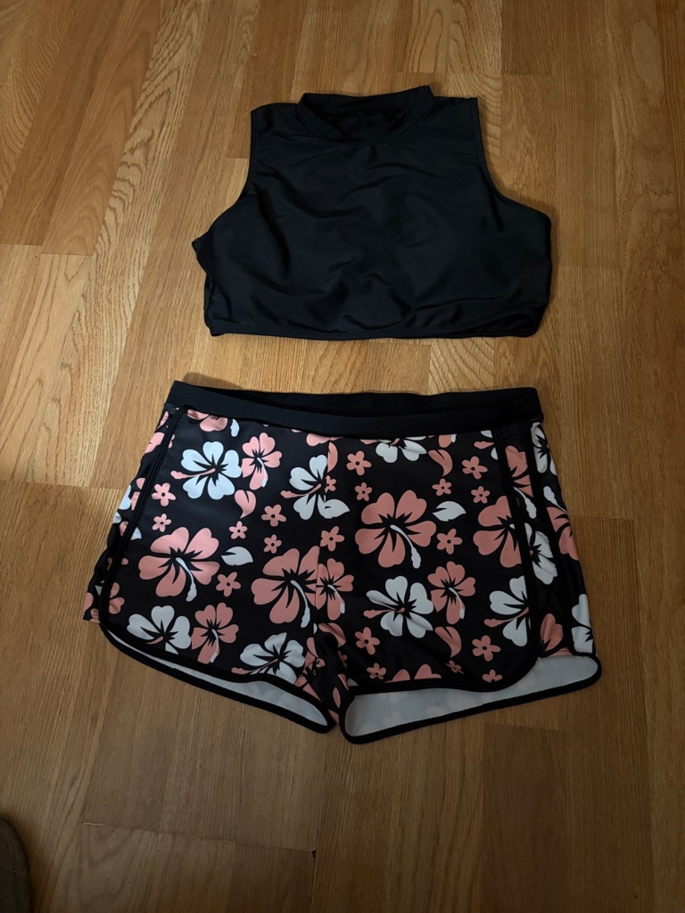 Black Mock Neck Crop Top + Pink Hibiscus Floral Swim Shorts Set” size xl